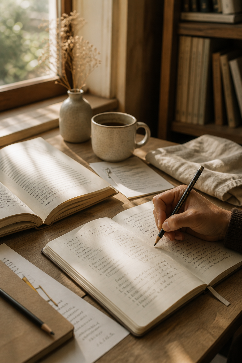 Cuaderno abierto, lápiz y libros sobre una mesa de estudio con luz natural